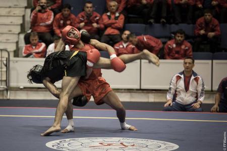 Thomas Nguyen (en rouge) pendant le Championnat du monde de Sanda 2014.