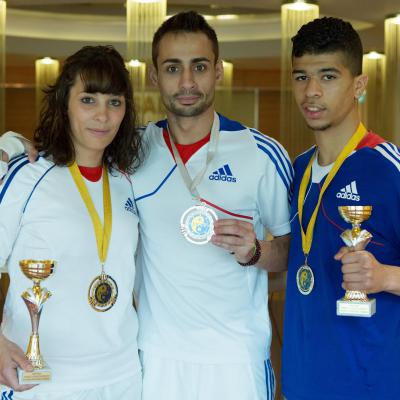 Championnat d'Europe Sanda 2014: Delphine Stambouli (1ère), Thomas Nguyen (2ème), Bilal Talha (1er).